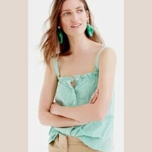 J.Crew Cotton Striped Button Front Ruffle Tank Top Clover Green White Size 0
